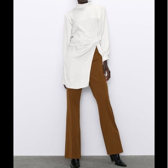 Zara White Satin Effect BLOUSE WITH FRONT KNOT New! - Picture 2 of 8